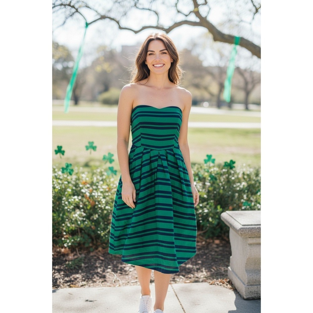 MOUILINETTE SOEURS Green Navy Striped Strapless Fit Flare Dress Size 12